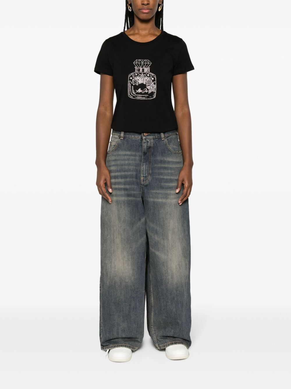 Shop Liu •jo Rhinestone-embellished Cotton T-shirt In Q9977 Nero
