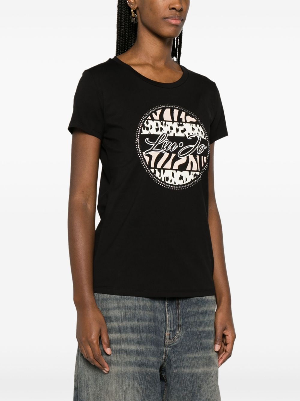 Shop Liu •jo Logo-print Rhinestone-embellished T-shirt In Black