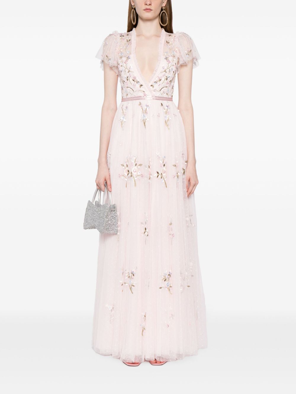 Shop Needle & Thread Floral-embroidered Short-sleeve Gown In Pink