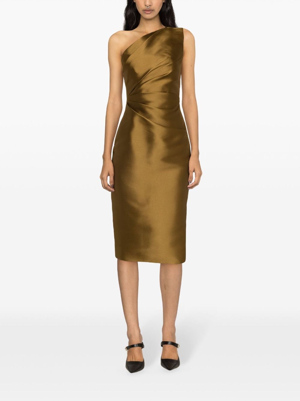 Shop Solace London Orla Gathered Midi Dress In Gold