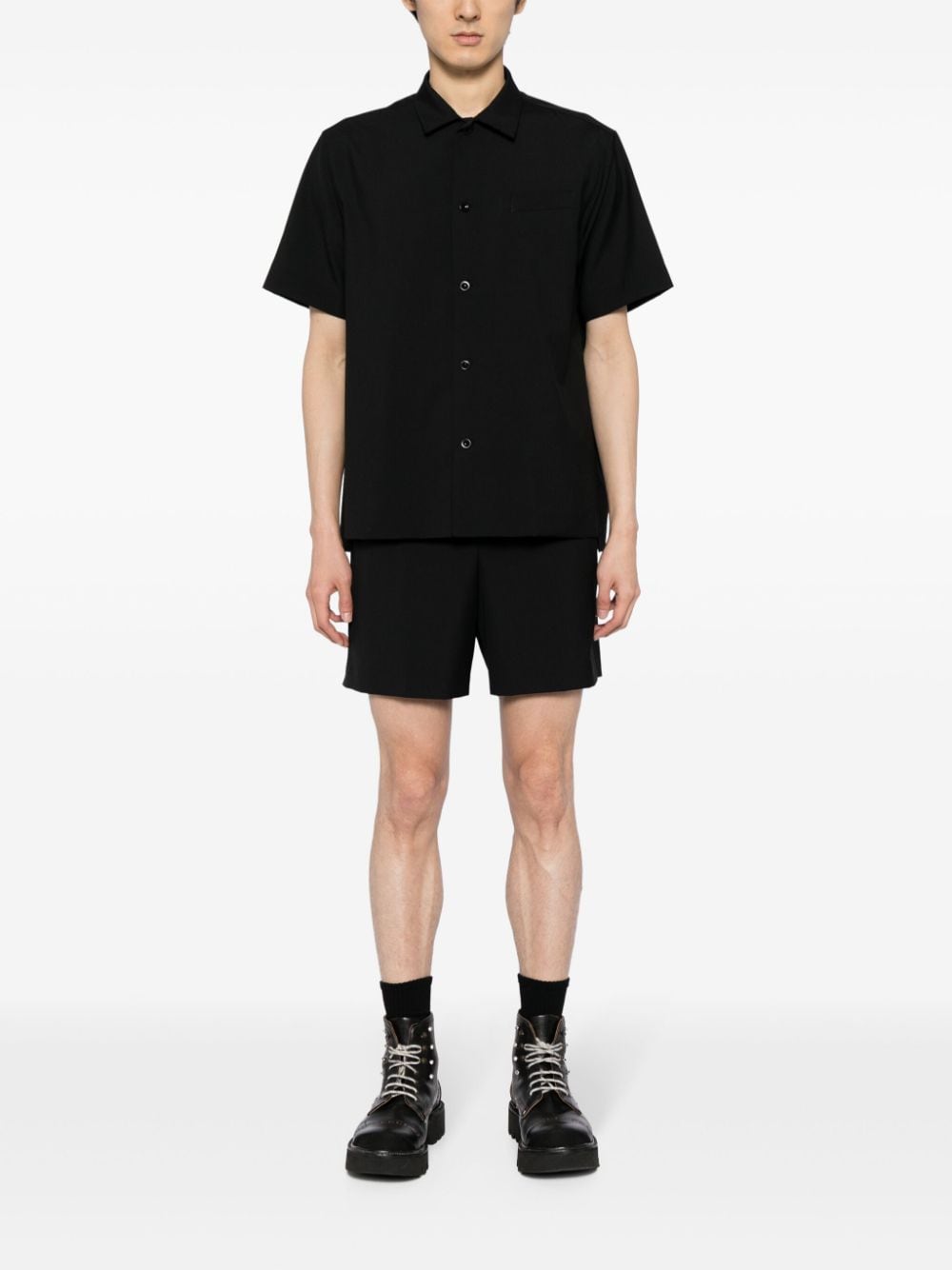 Shop Sacai Wool-blend Short-sleeve Shirt In Black