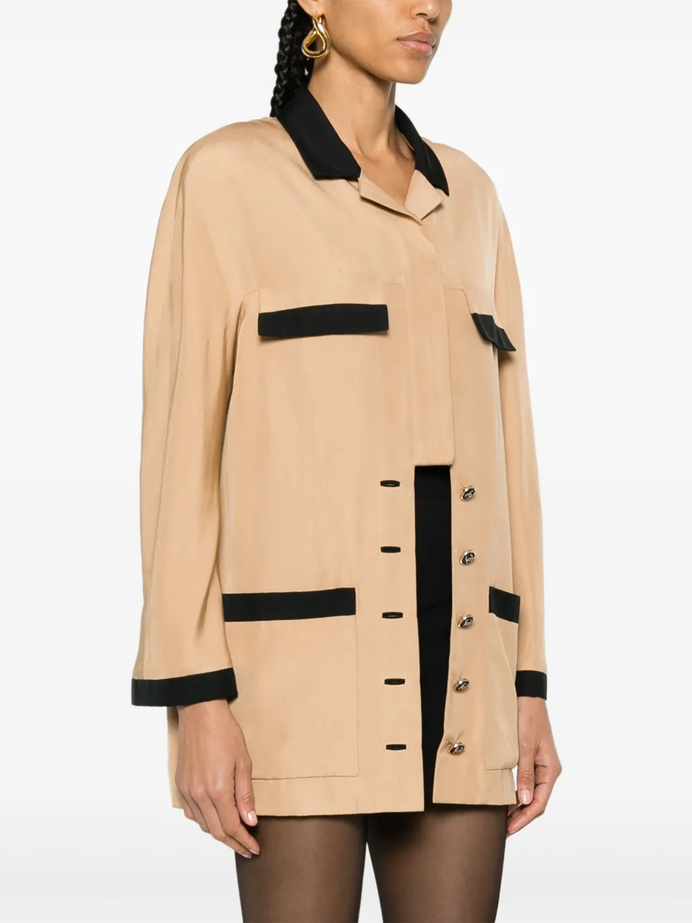 Pre-owned Chanel 1990s Contrasting Silk Shirt Jacket In 褐色