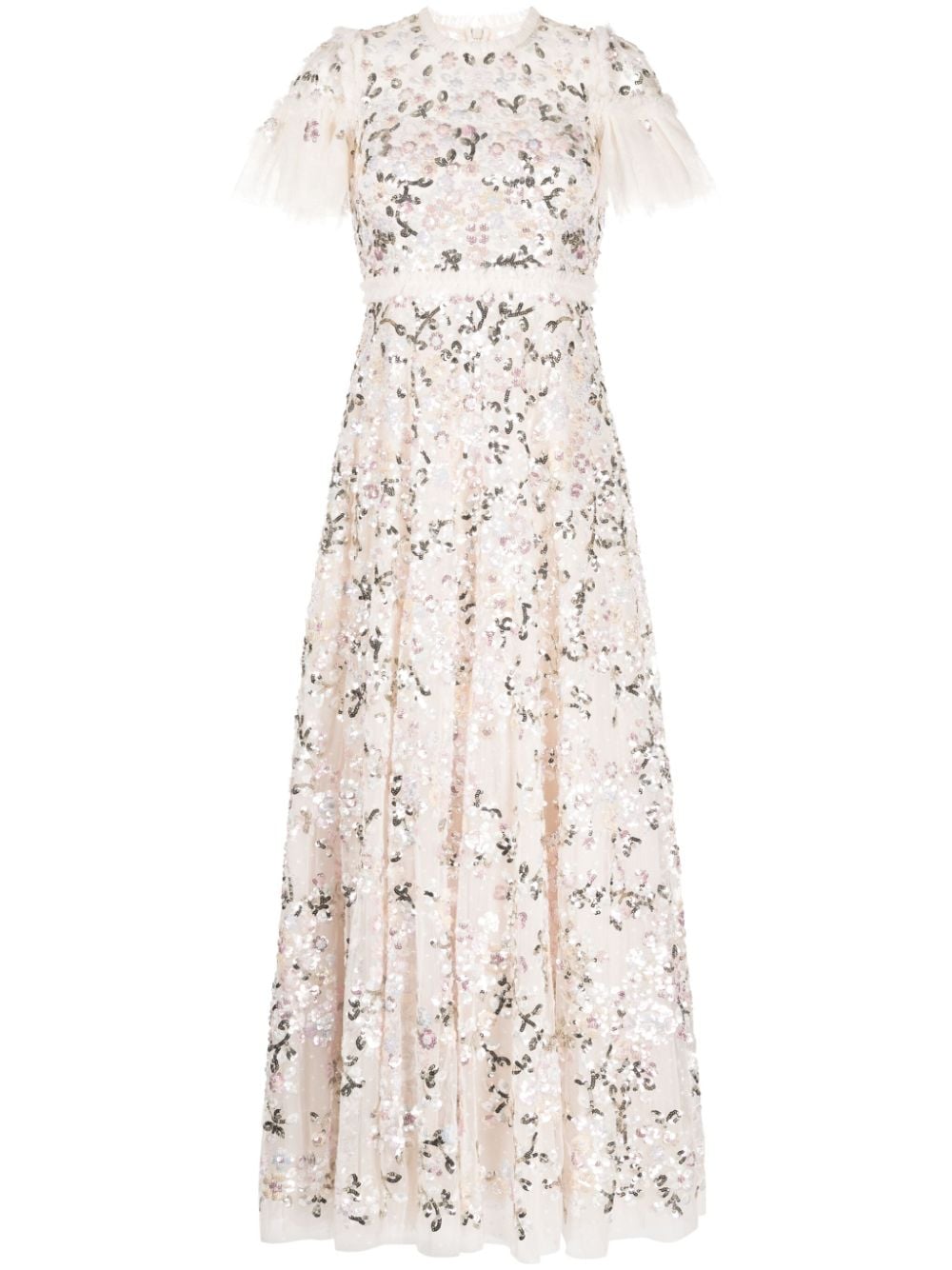 floral-embroidered short-sleeve gown