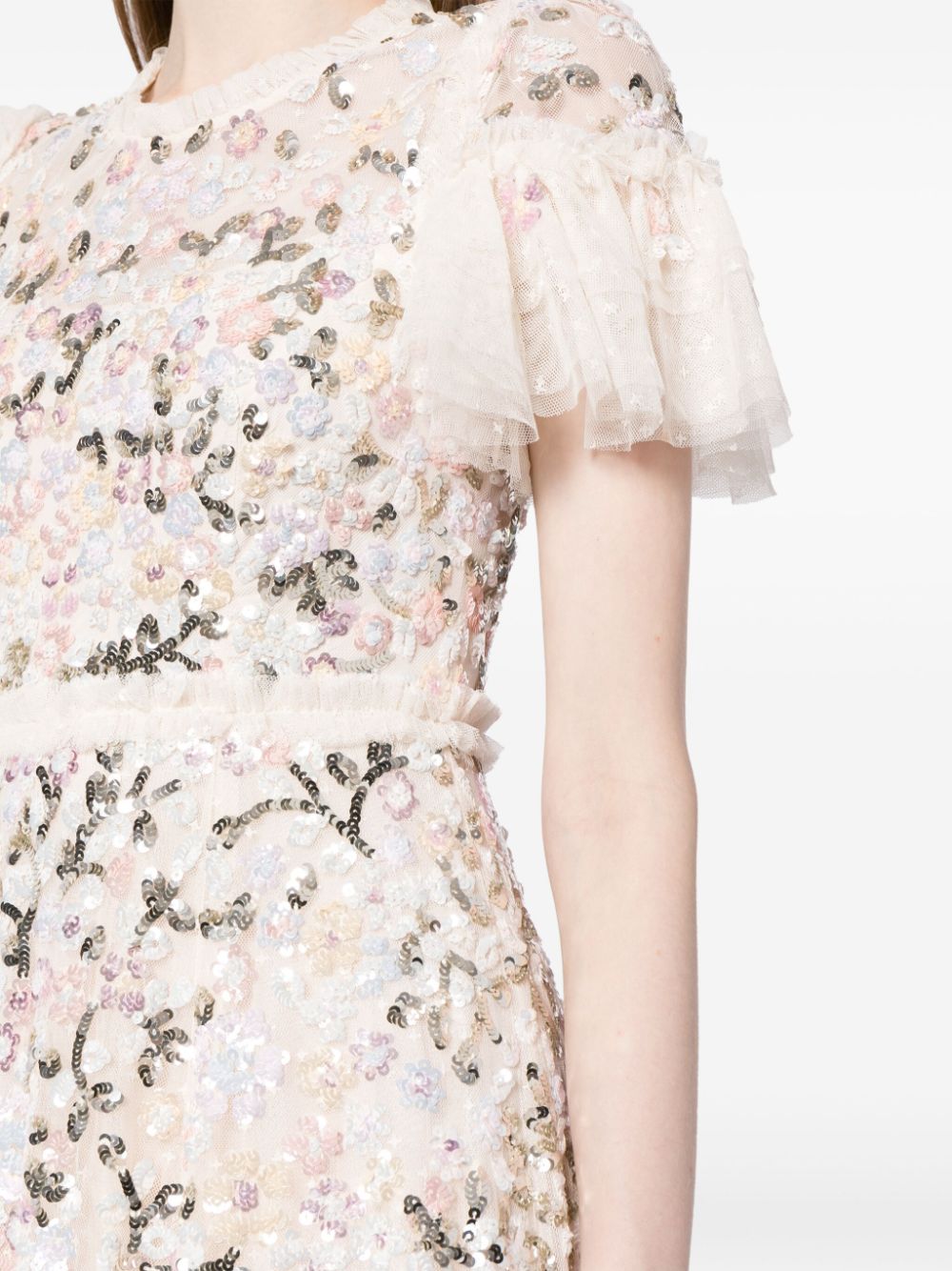 Shop Needle & Thread Floral-embroidered Short-sleeve Gown In Neutrals