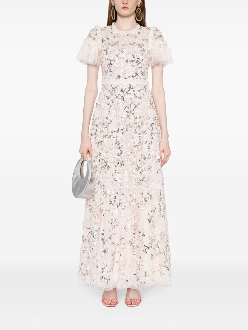 Shop Needle & Thread Floral-embroidered Short-sleeve Gown In Neutrals