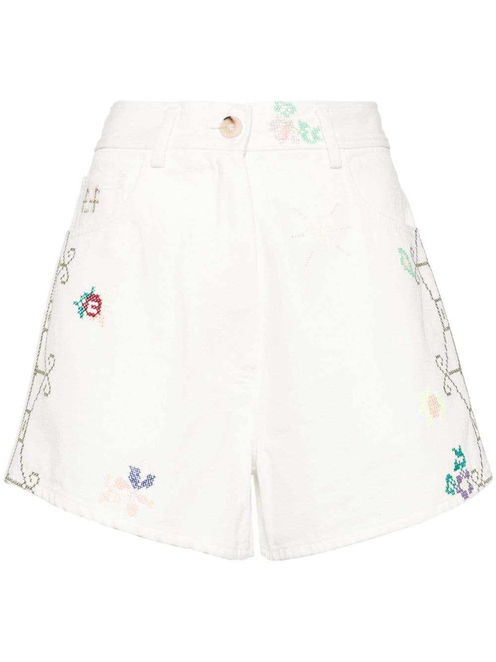 floral-embroidered denim shorts