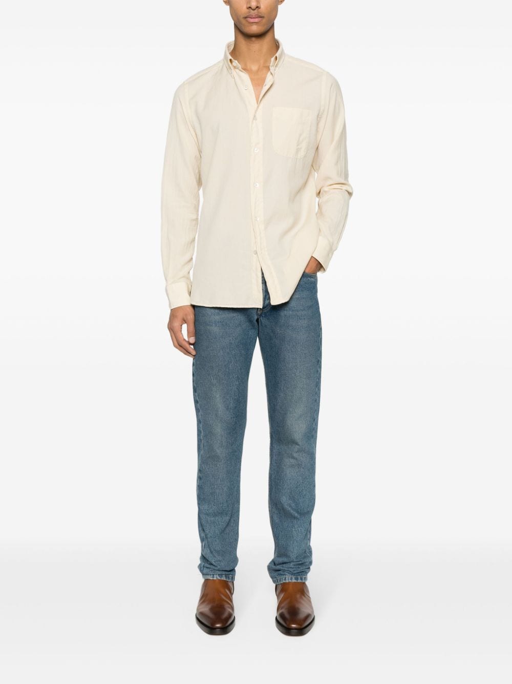 Shop Tom Ford Buttoned-collar Cotton-blend Shirt In Neutrals