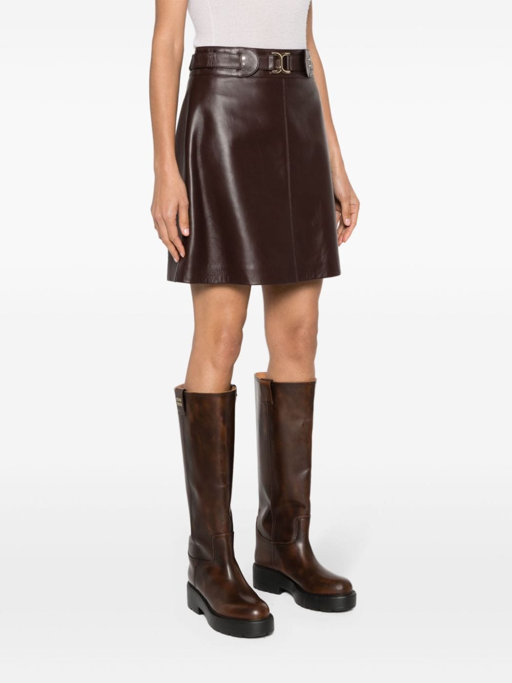 Shop Chloé Belted Embellished Leather Miniskirt In Brown