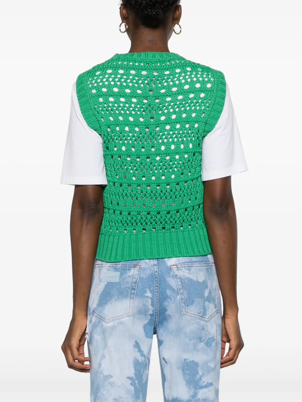 Shop Ganni Logo-jacquard Crochet Sweater Vest In Green