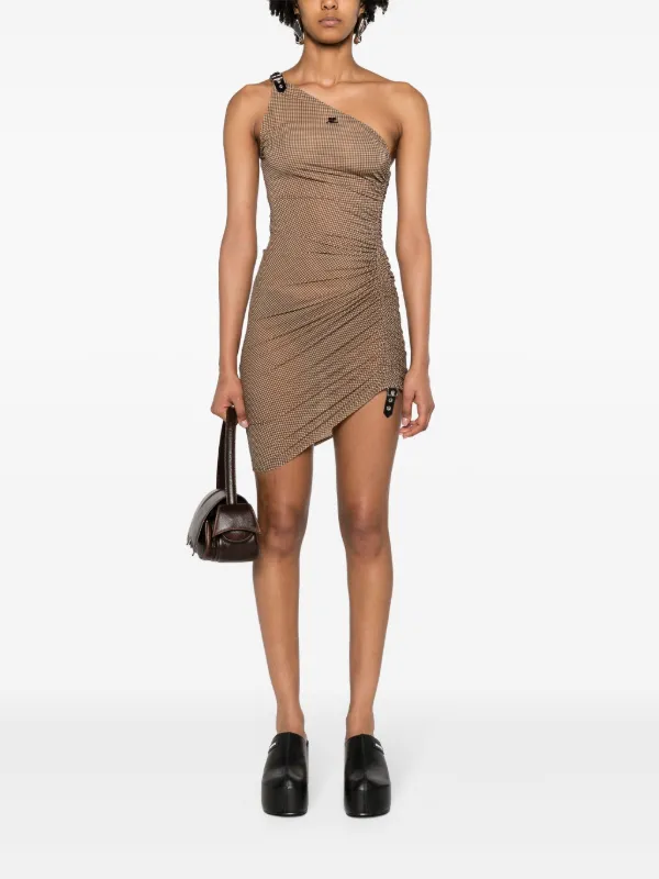 ワンピースその他 Courreges Brown one-shoulder dress with cut-out Courrèges mini-check one-shoulder Dress | Brown | FARFETCH