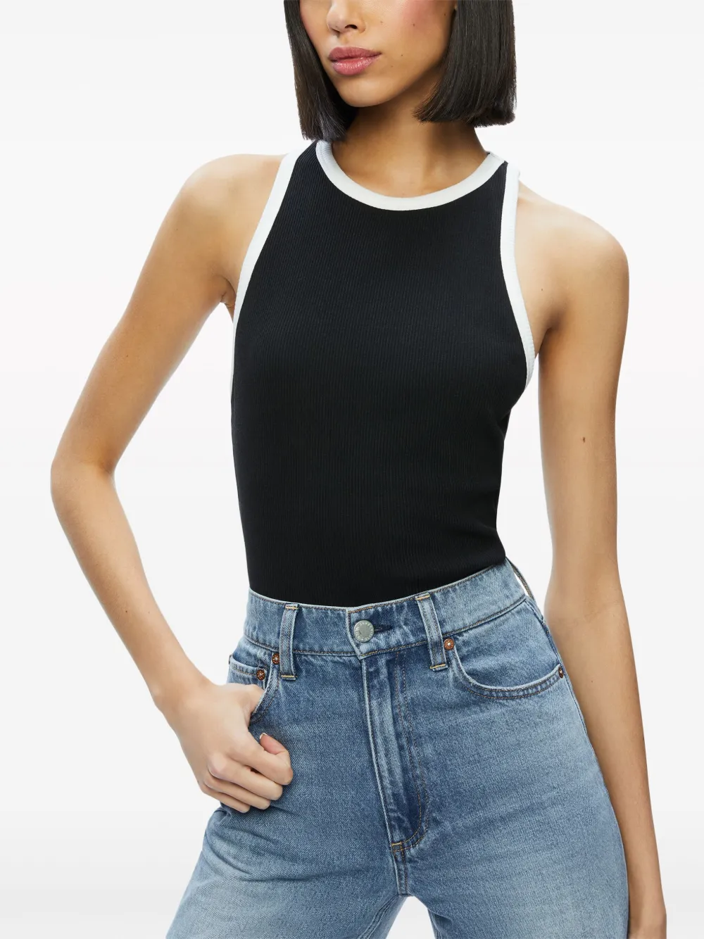 Shop Alice And Olivia Mirtha Ribbed Racerback Tank Top In Black