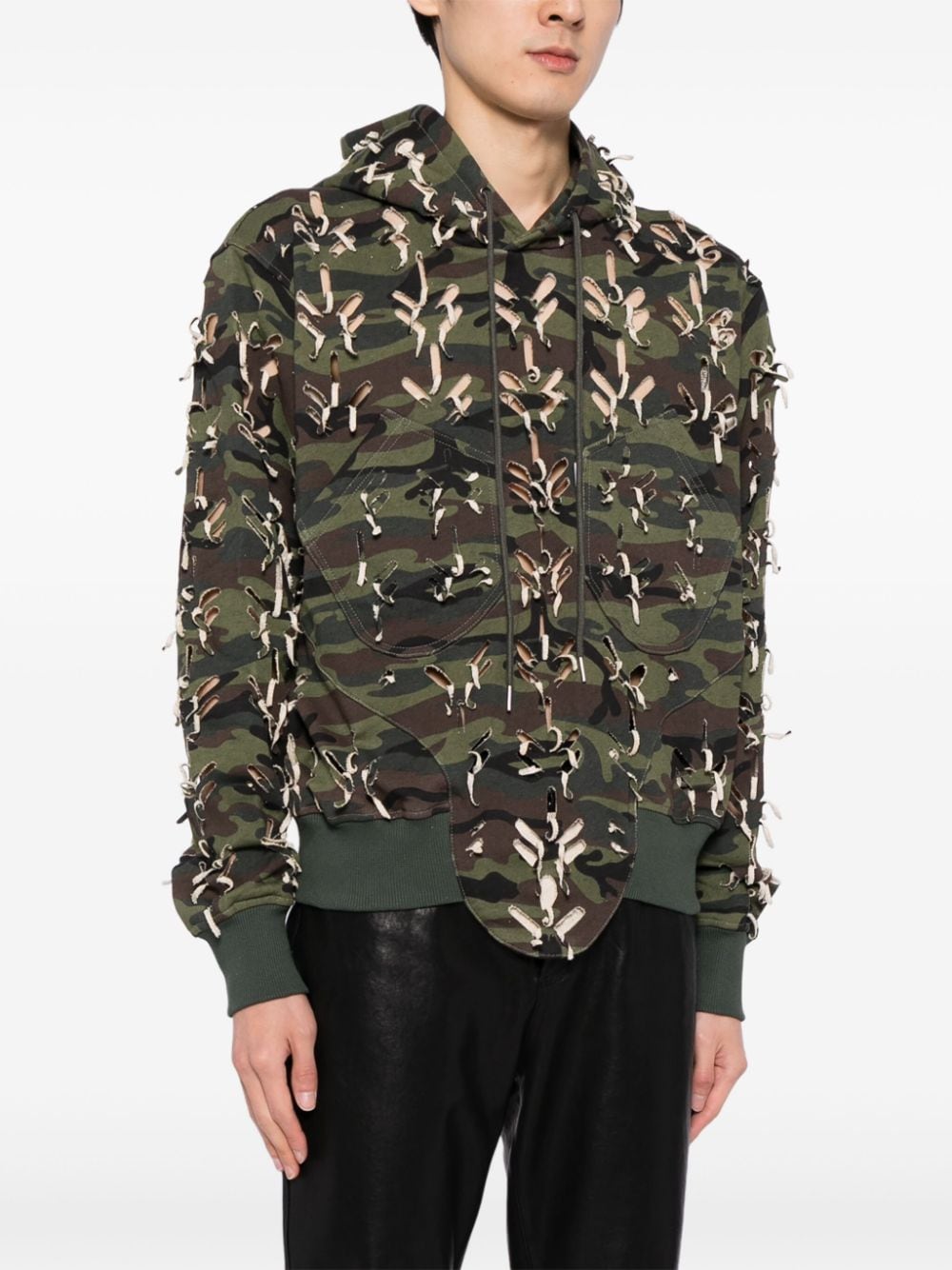 Shop Juntae Kim Ripped Camouflage-print Cotton Hoodie In Green