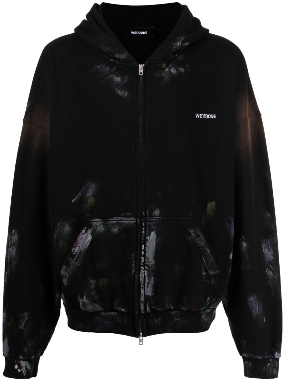 We11 Done Painterly-print Cotton Hooded Jacket In Black