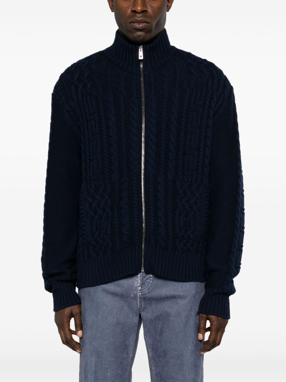 Shop Versace Cable-knit Virgin Wool Cardigan In Blau
