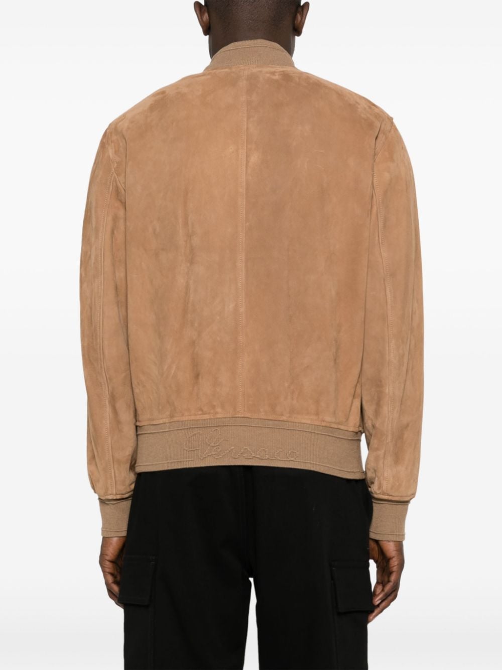 Shop Versace Logo-embroidered Suede Bomber Jacket In Brown
