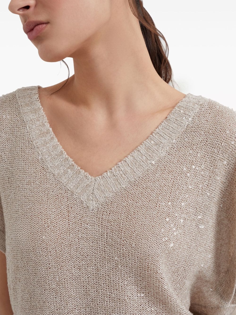 Shop Brunello Cucinelli Sequin Short-sleeve Knitted Top In 中性色