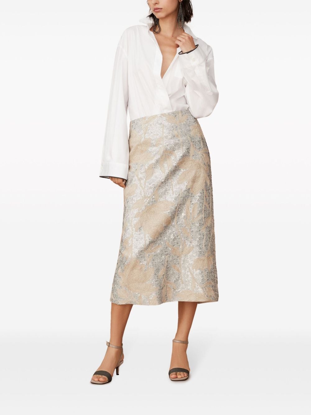 Shop Brunello Cucinelli Sequinned High-waist Midi Skirt In Neutrals