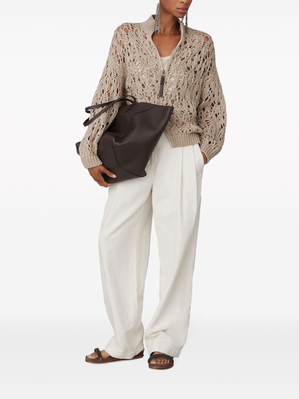 Shop Brunello Cucinelli Open-knit Zip-up Cardigan In Neutrals