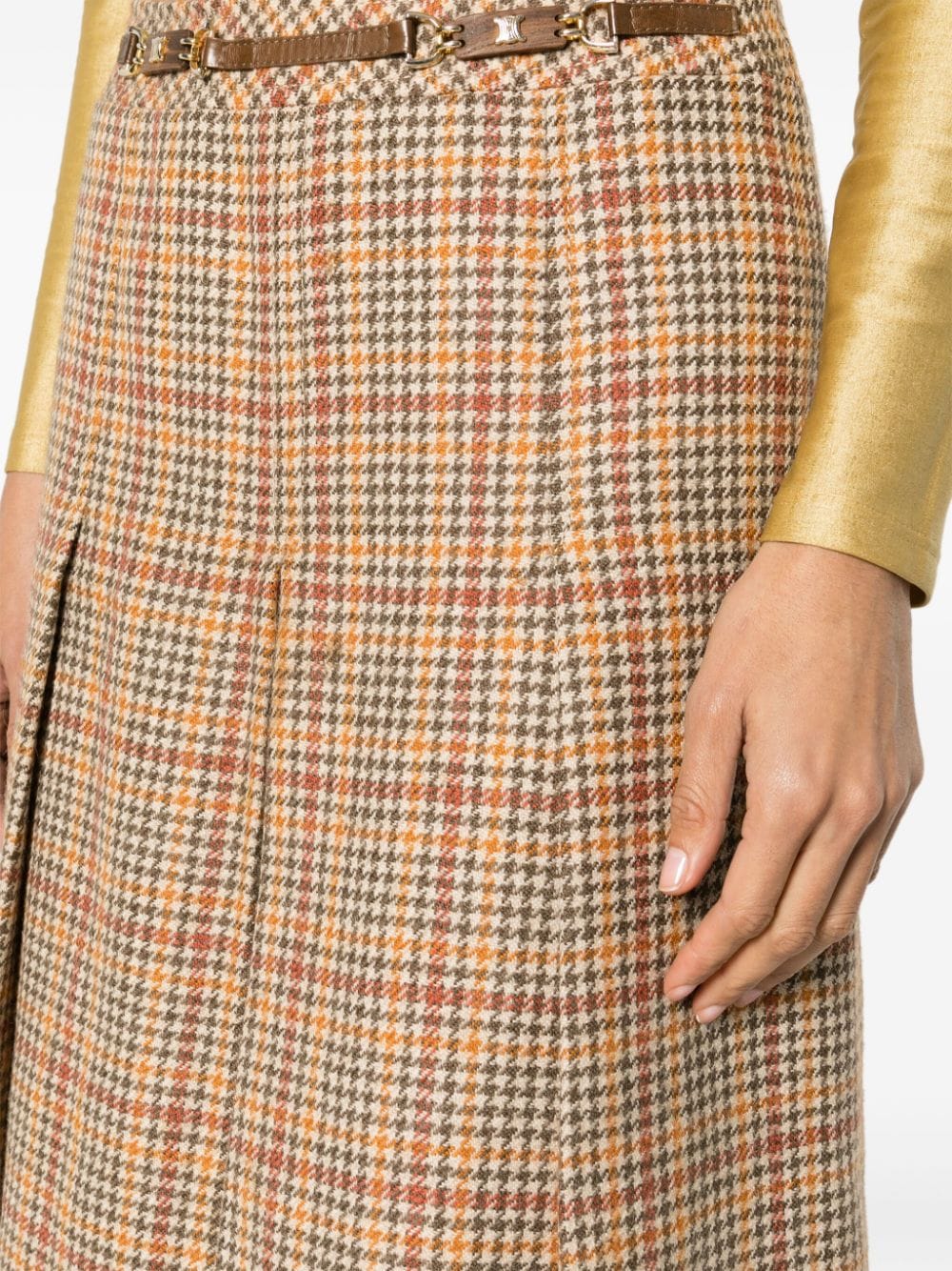 Pre-owned Celine 千鸟格纹百褶半身裙（1970年代典藏款） In Brown
