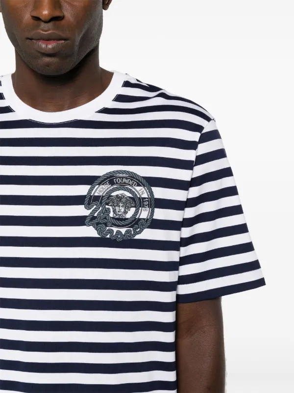 Versace Medusa-embroidered Striped T-shirt | Blue | FARFETCH IN