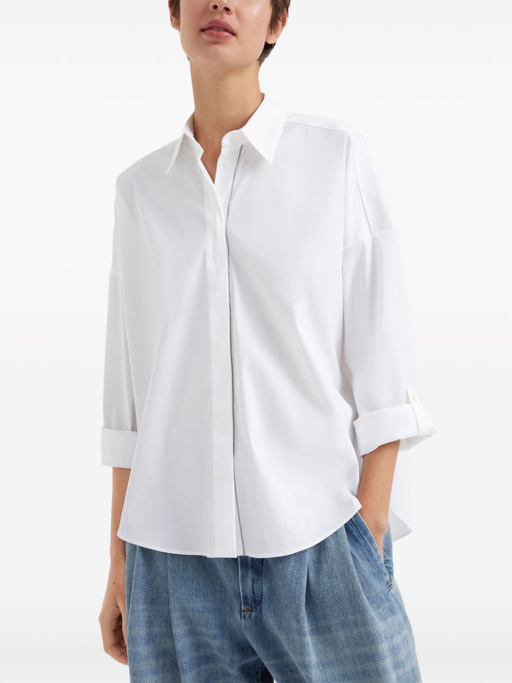 Shop Brunello Cucinelli Bead-embellished Cotton-blend Shirt In White