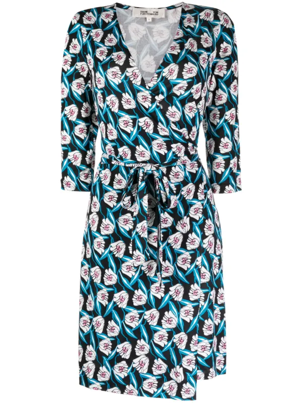 DVF Diane Von Furstenberg Robe Courte En Soie à Fleurs Bleu