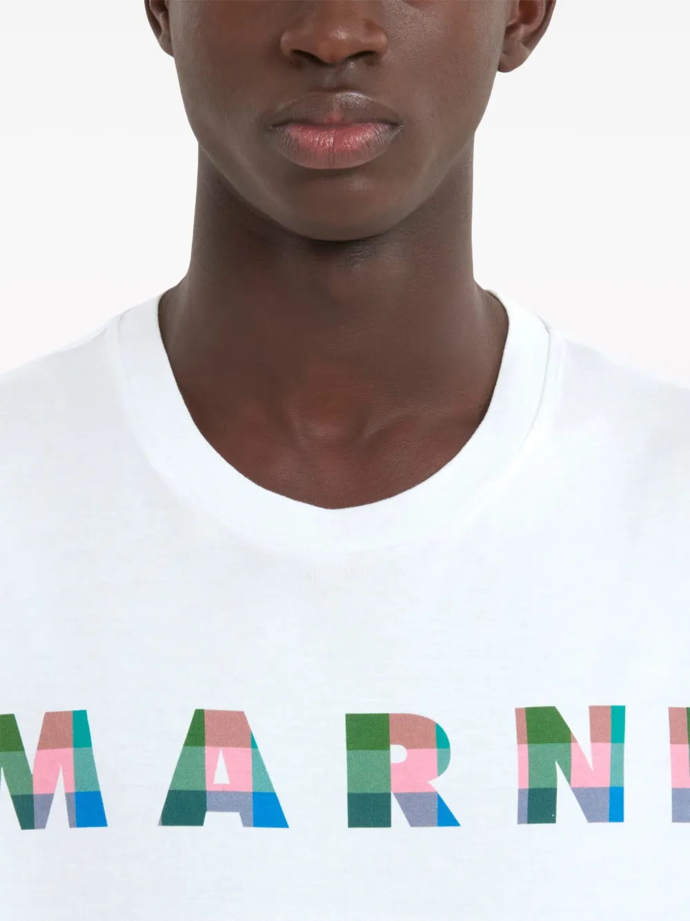 Shop Marni Gingham Logo-print Cotton T-shirt In White