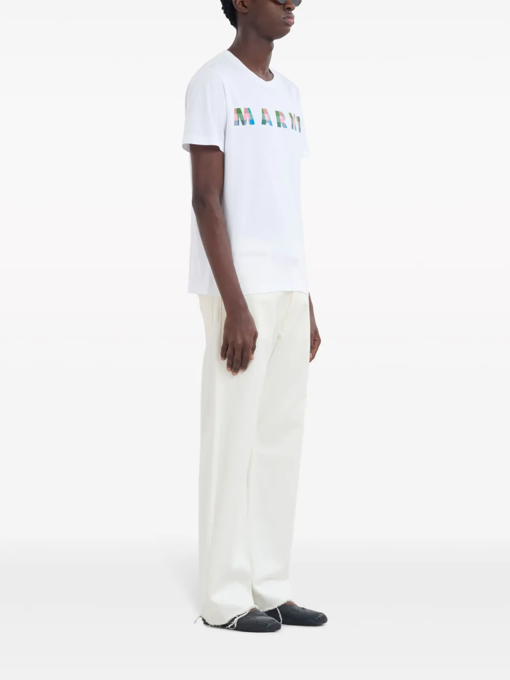 Shop Marni Gingham Logo-print Cotton T-shirt In White