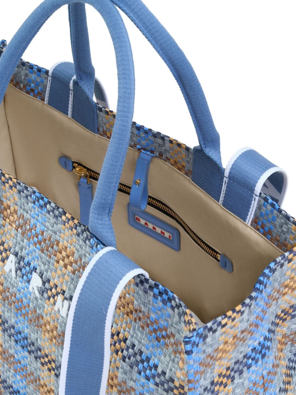 Shop Marni Logo-embroidered Checkered Shopping Bag In Blue