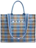 Marni logo-embroidered checkered shopping bag - Blue