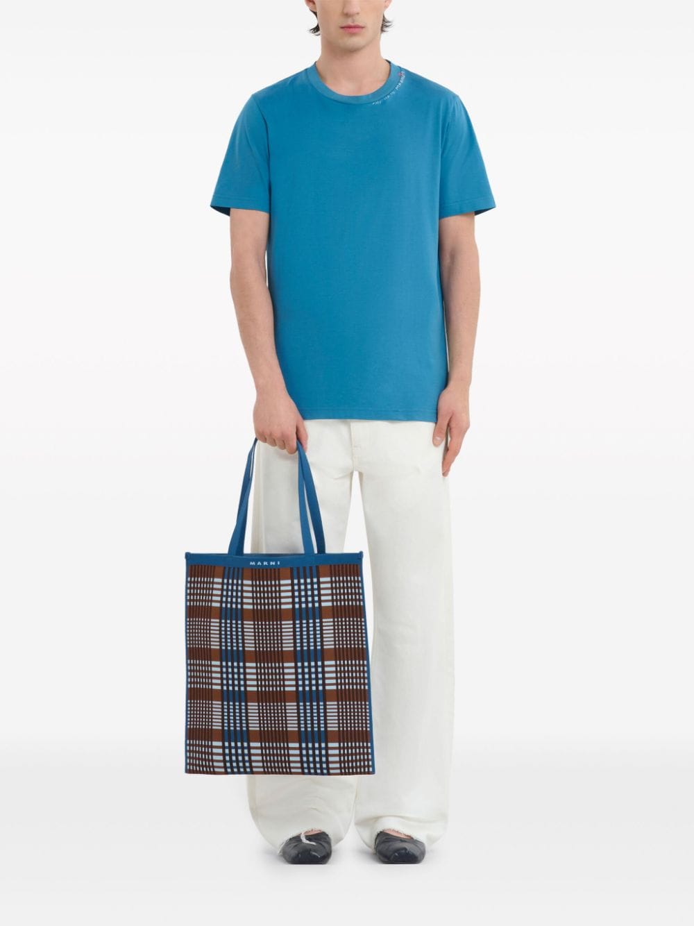 Shop Marni Check Tote Bag In Blue