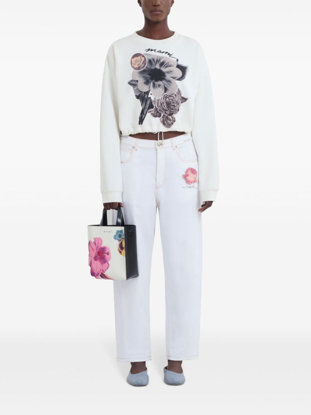 Shop Marni Small Museo Floral-print Tote Bag In White