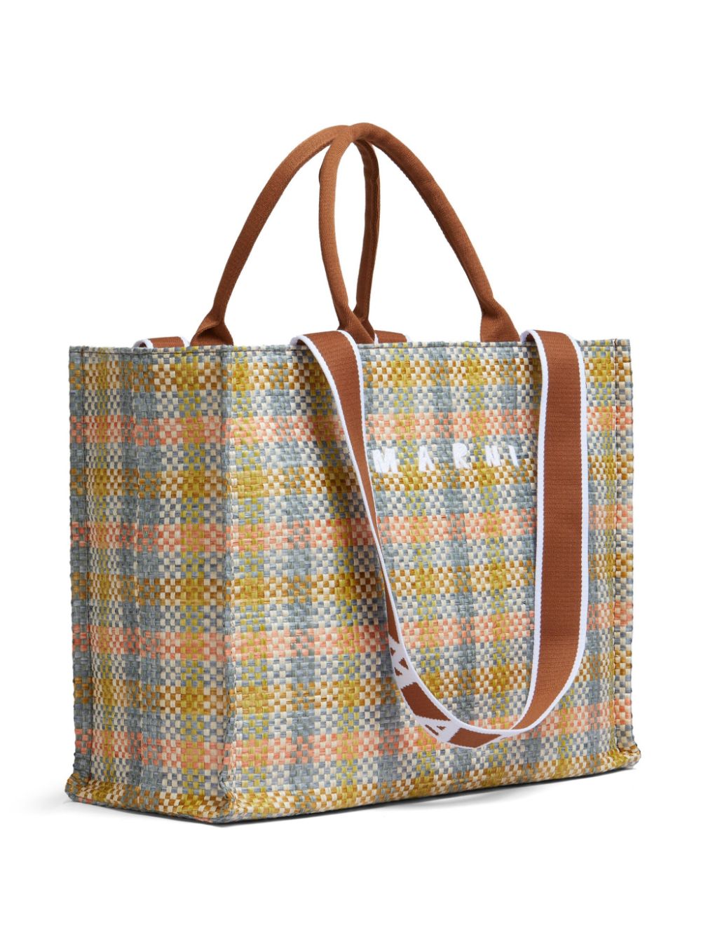 Shop Marni Logo-embroidered Checkered Shopping Bag In Neutrals