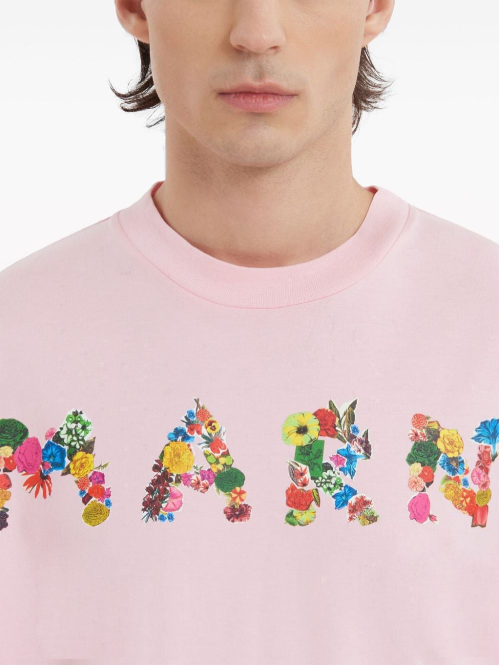 Shop Marni Floral Logo-print Cotton T-shirt In Pink