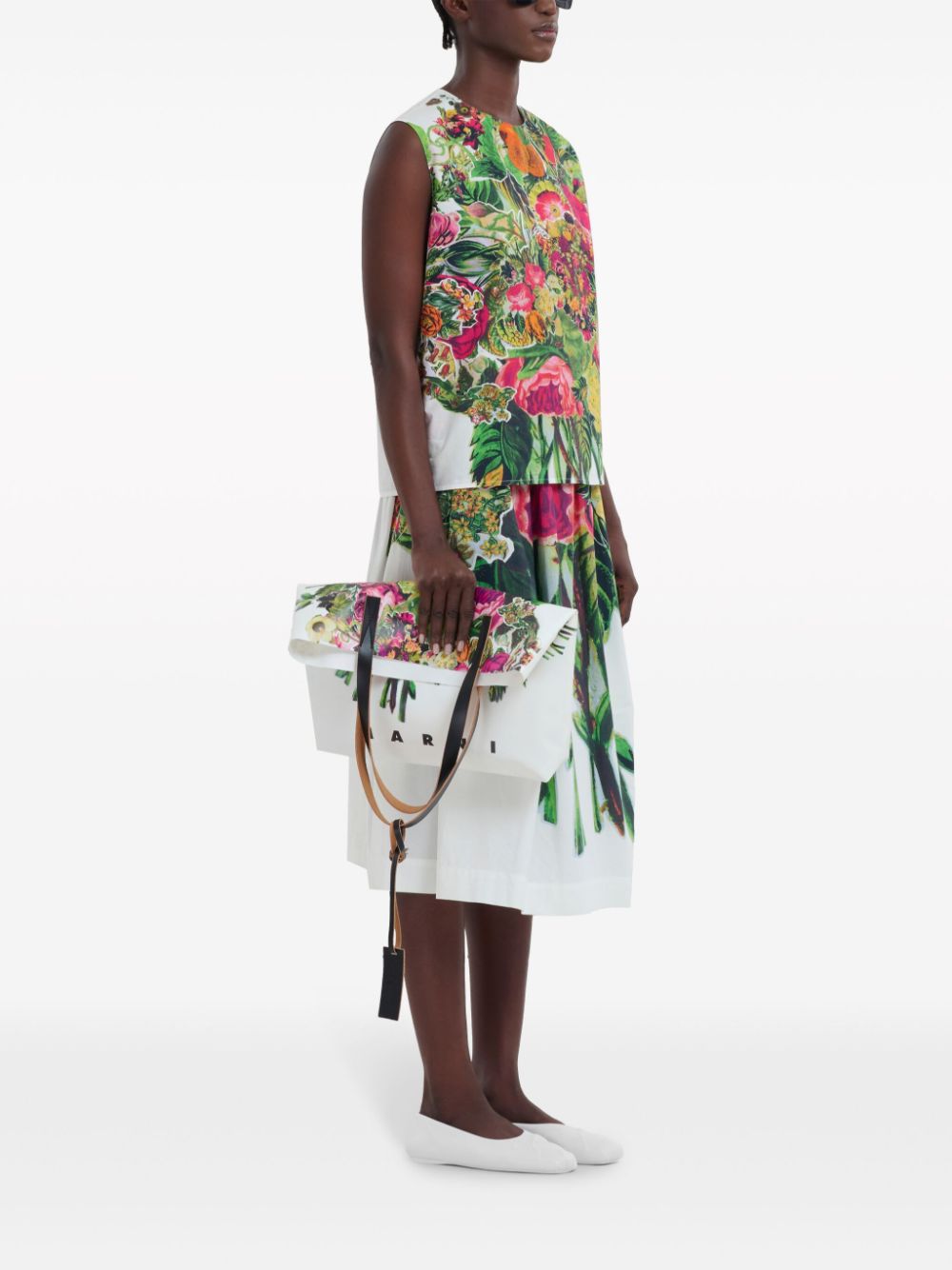 Shop Marni Floral-print Cotton Midi Skirt In White