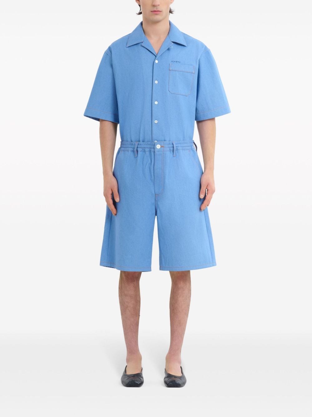Shop Marni Logo-embroidery Cotton Shorts In Blue