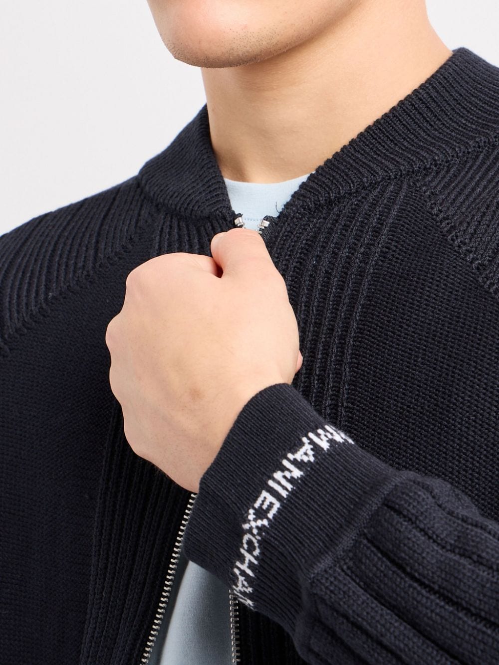 Shop Armani Exchange Intarsia-knit Logo Zip-up Cardigan In Blue