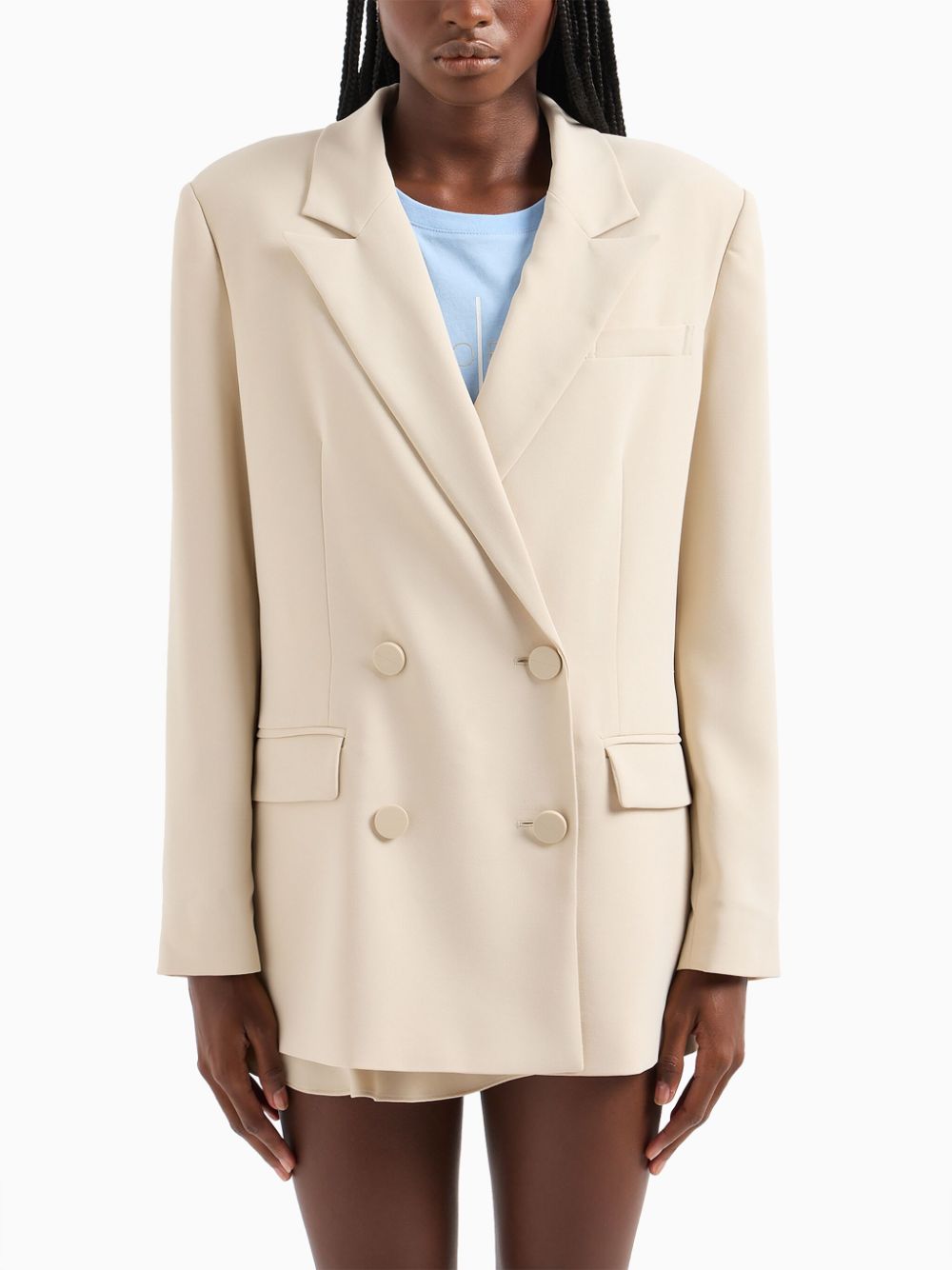 Shop Armani Exchange Logo-patch Double-breasted Blazer In Neutrals