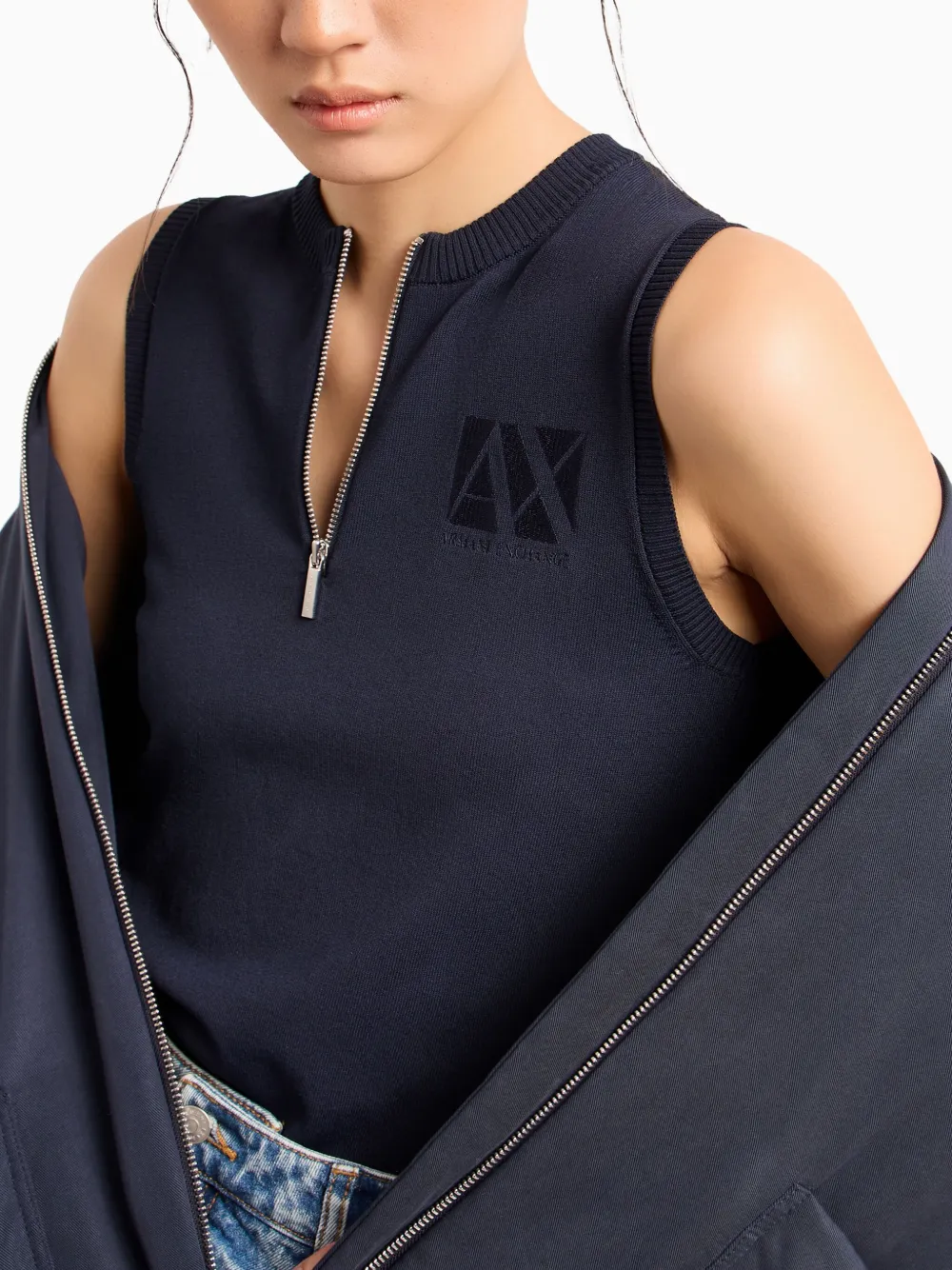 Shop Armani Exchange Logo-embroidered Ribbed-trim Top In Blue