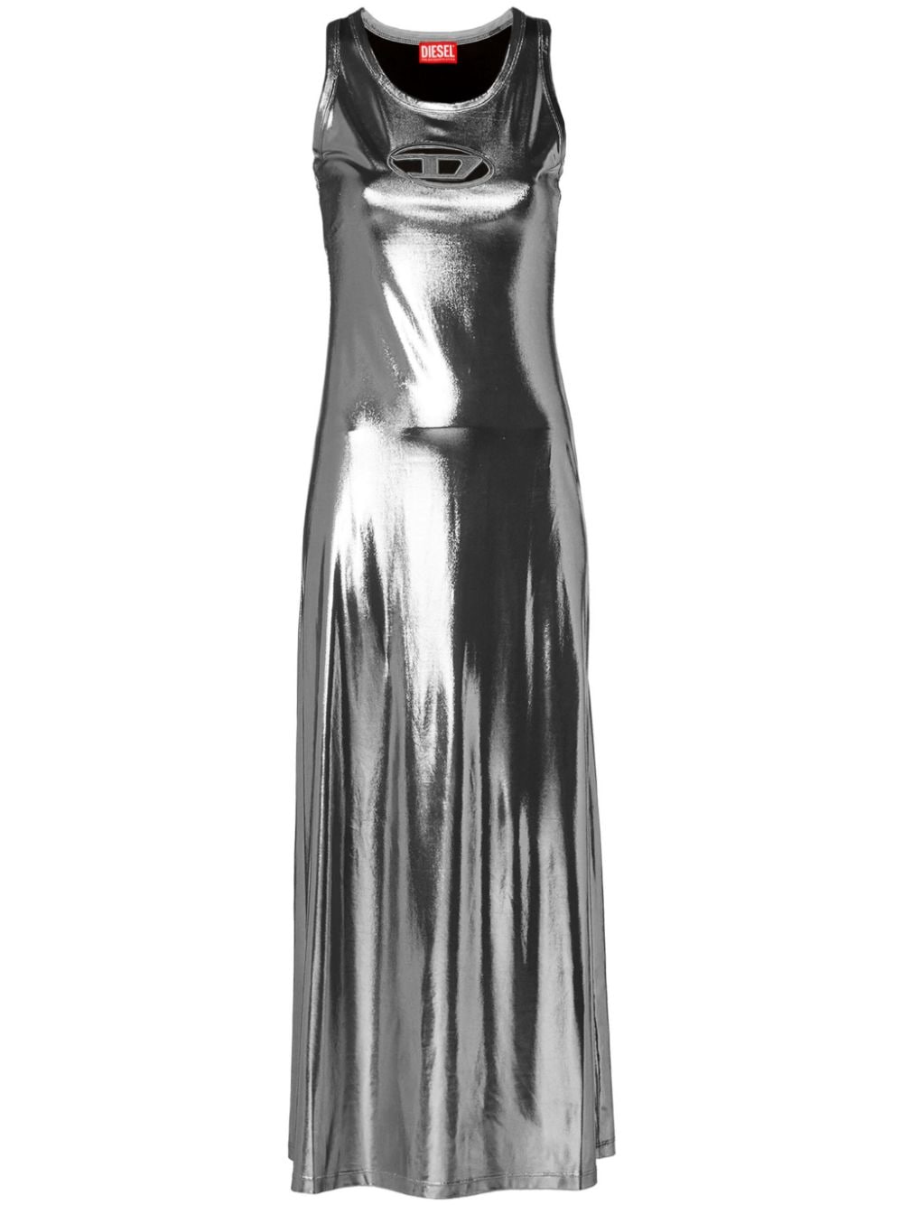 Shop Diesel Logo-patch Lurex Maxi Dress In Silver