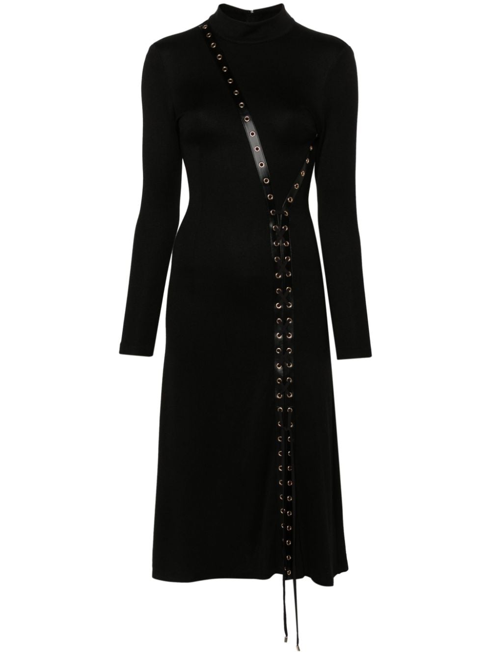 Nissa Lace-up Mock-neck Midi Dress In Black