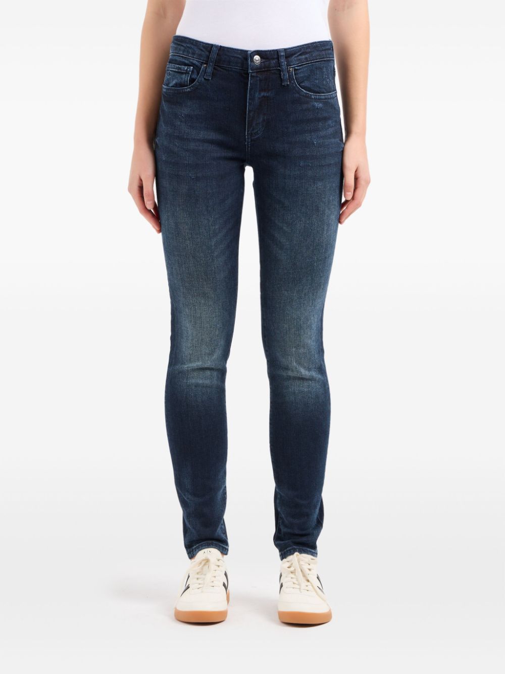 Shop Armani Exchange Logo-appliqué Whiskering-effect Skinny-cut Jeans In Blue