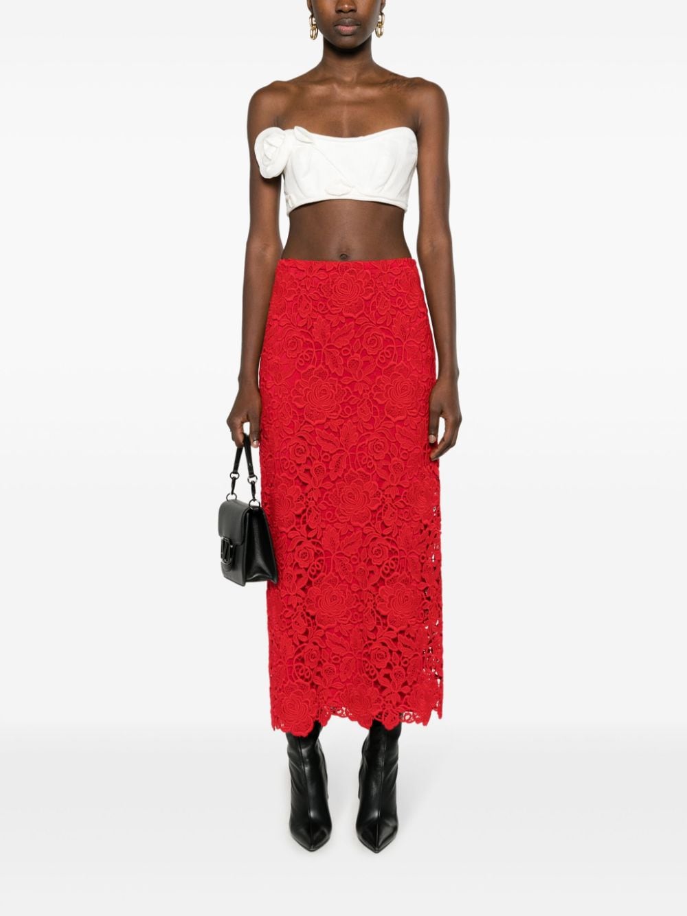 Shop Valentino Guipure-lace A-line Maxi Skirt In Red
