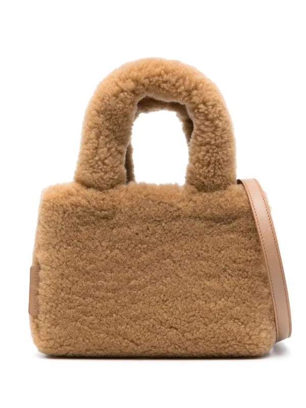 Amina Muaddi Amini Giuly Shearling Tote Bag in Brown