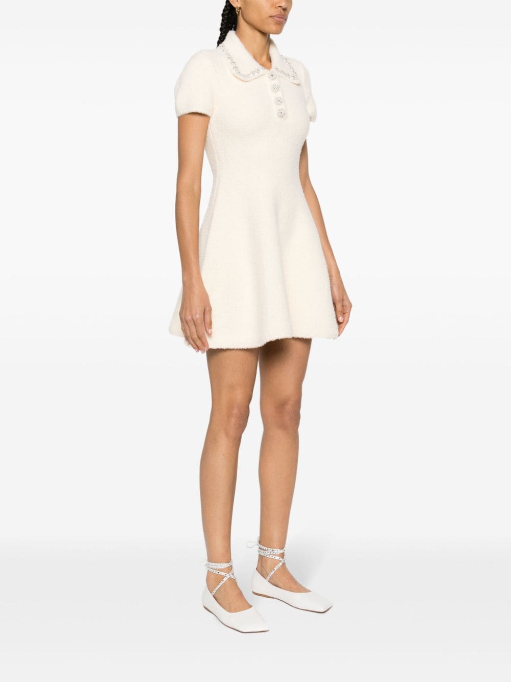 Shop Self-portrait Bead-embellished Mini Dress In Neutrals