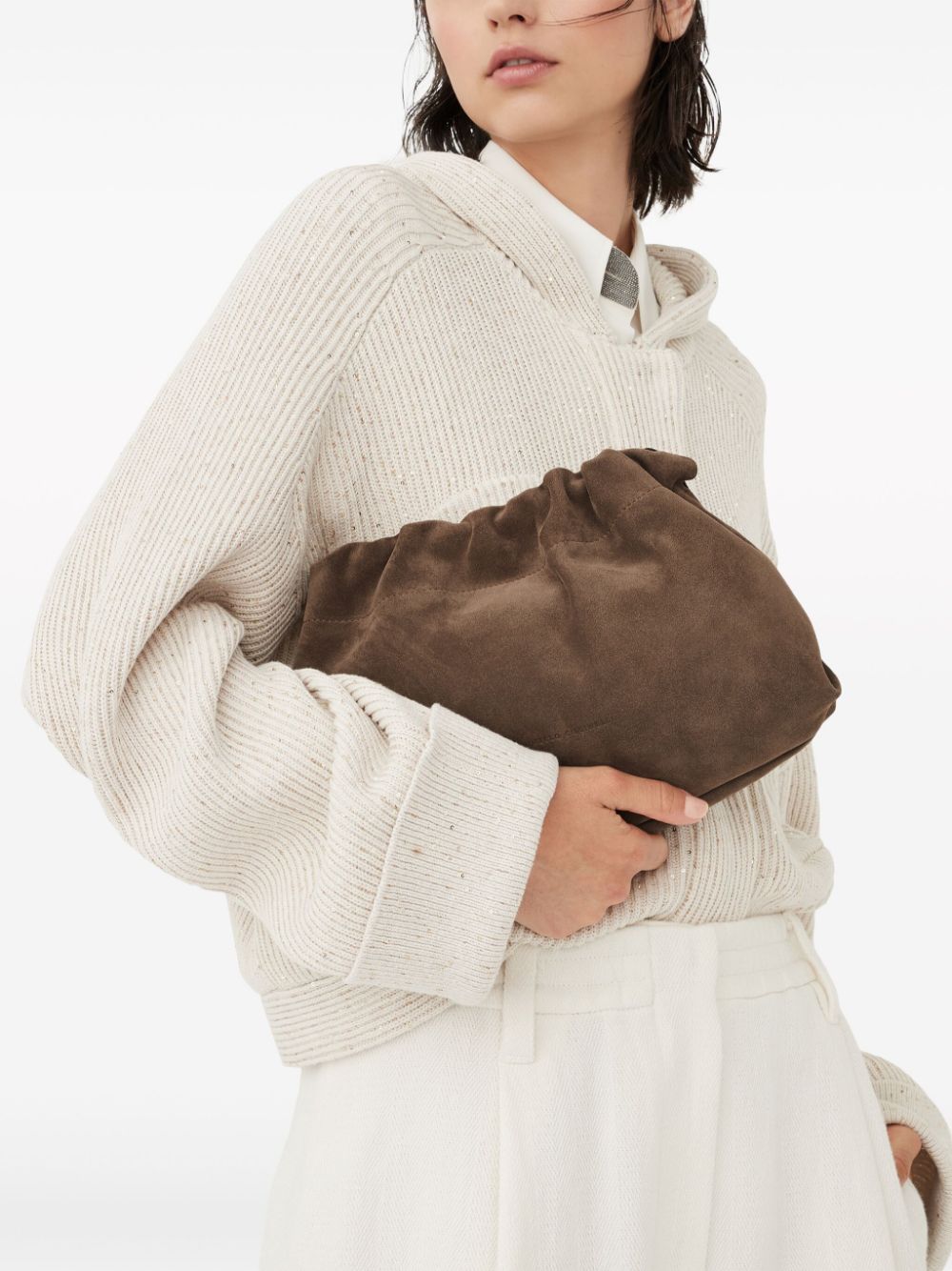 Shop Brunello Cucinelli Logo-print Suede Clutch Bag In Brown