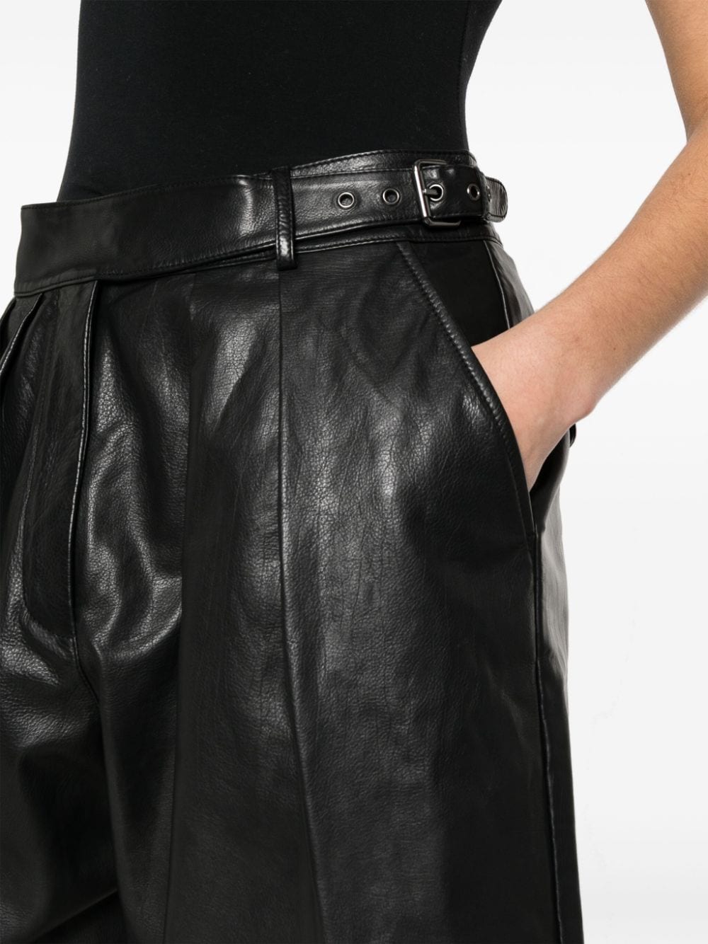 Shop Emporio Armani Pleat-detail Leather Shorts In Schwarz