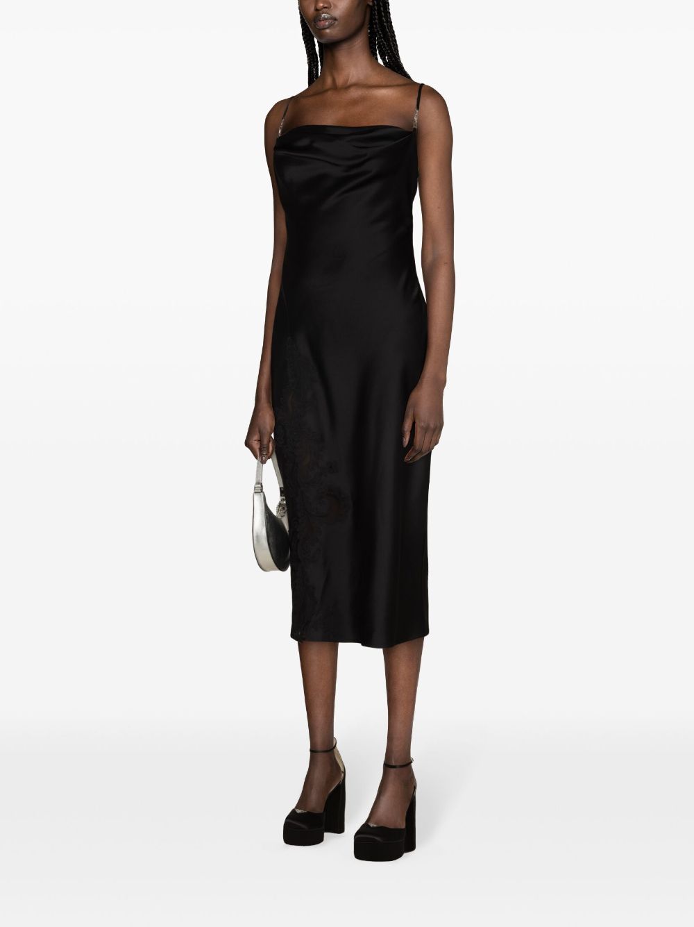 Shop Versace Barocco-lace Satin Midi Dress In Schwarz