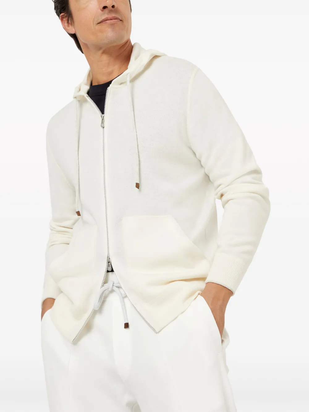 Shop Brunello Cucinelli Zipped Hooded Cardigan In White