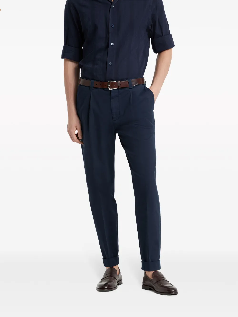 Shop Brunello Cucinelli Tapered Cotton Trousers In Blue